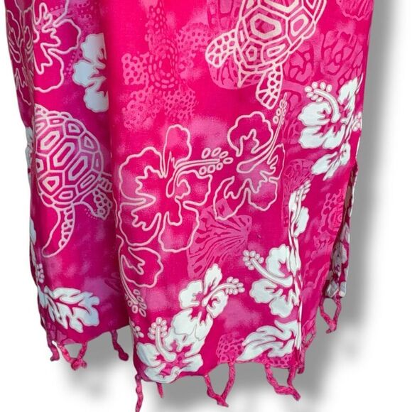 Vintage 90s Mini Dress Hot Pink Tropical Print Floral Slip Dress Fringe Hemmed - Picture 6 of 10